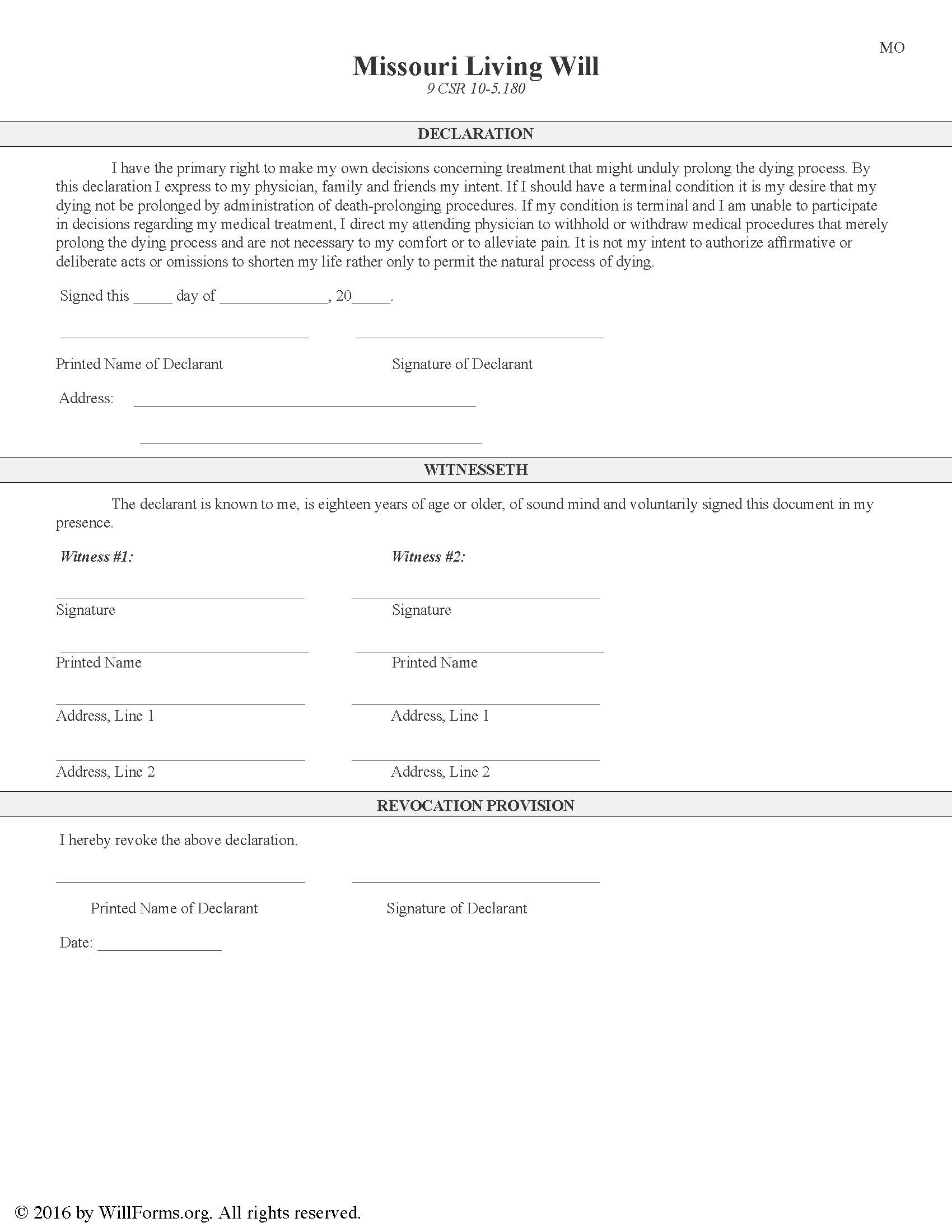 Missouri Will Forms Last Will And Testament Living Will 