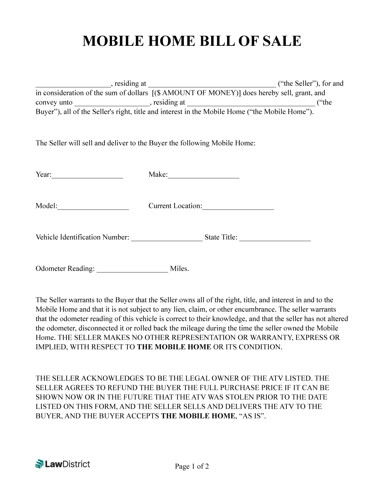 Mobile Home Manufactured Bill Of Sale Form LawDistrict