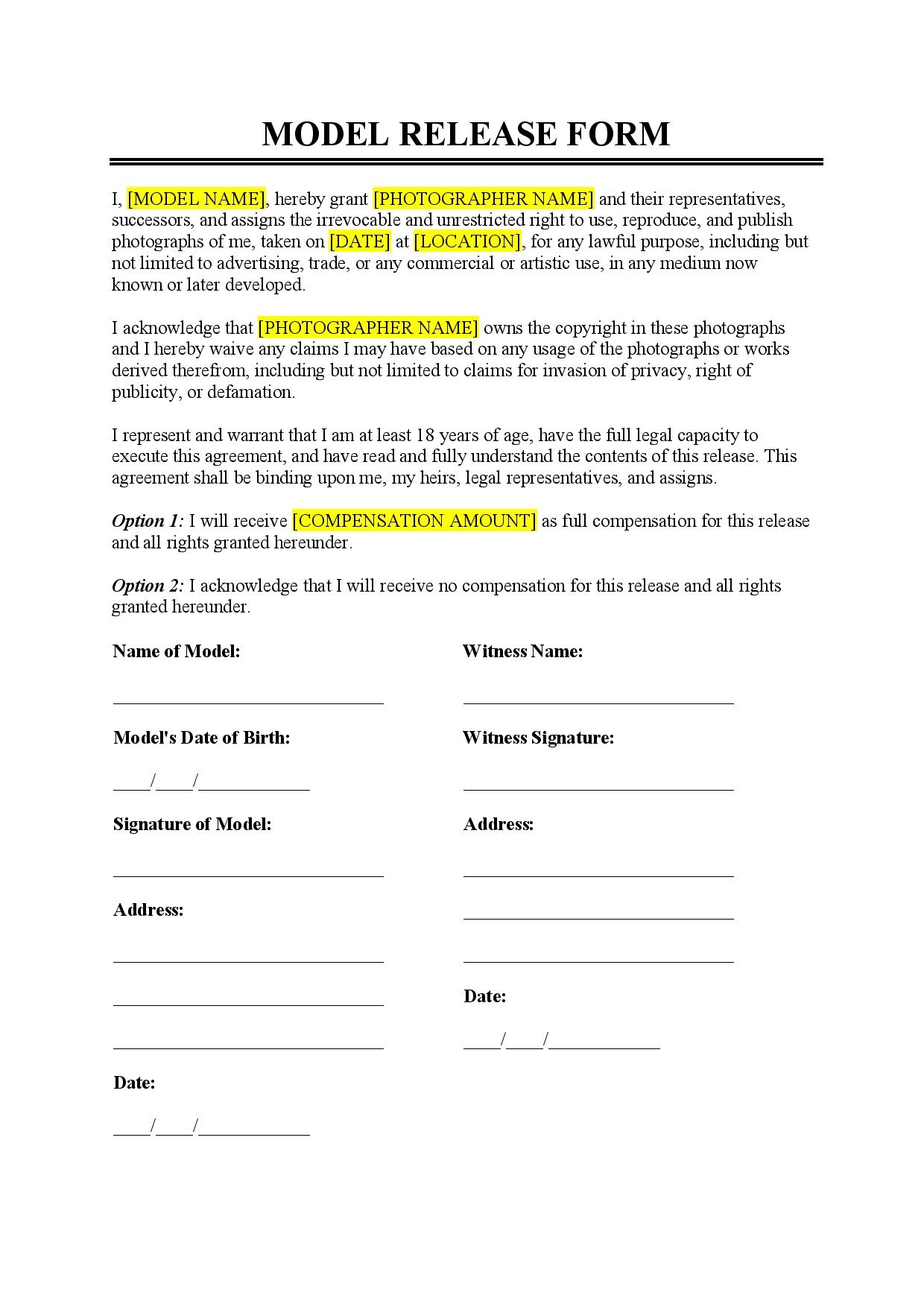Model Release Form Template Free Download Easy Legal Docs