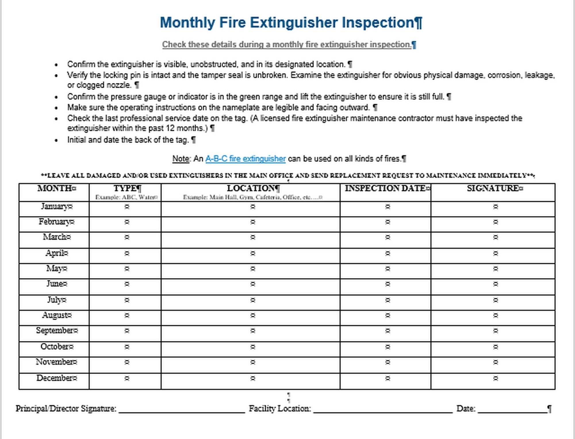 Monthly Fire Extinguishers Checklist And A Self inspection Checklist For Portable Fire Extinguishers Templates Etsy