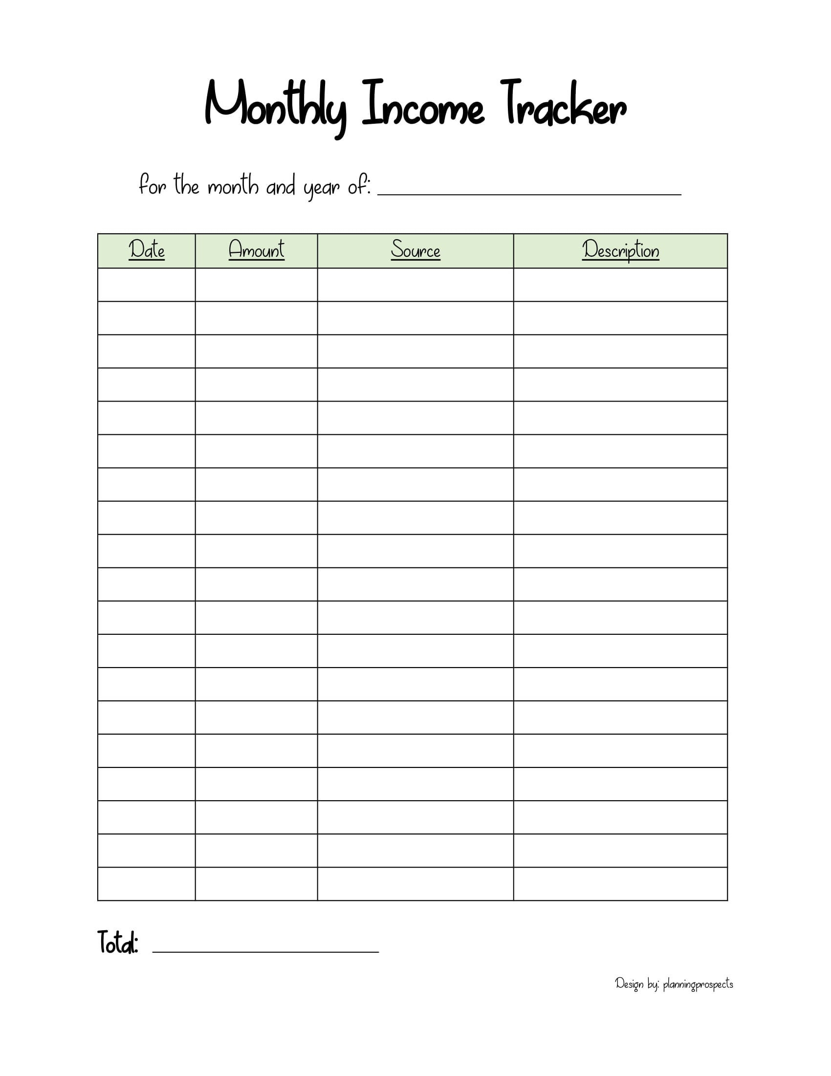 Monthly Income Tracker Printable