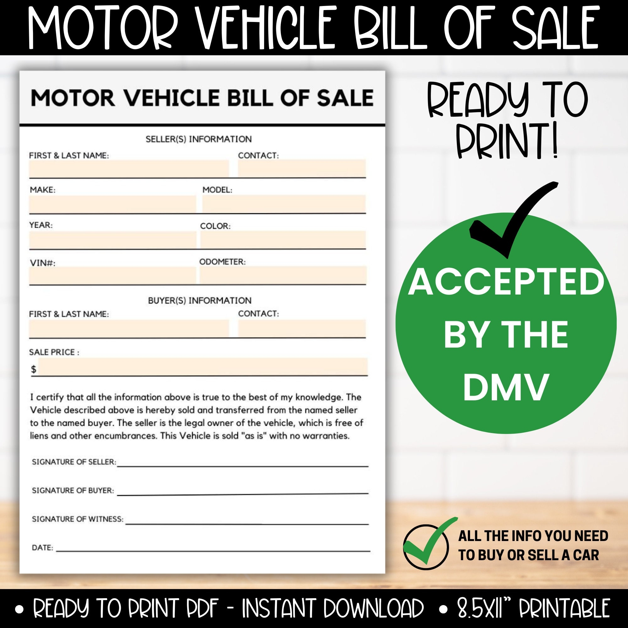 Motor Vehicle Bill Of Sale Printable Form Digital For Sale Car 
