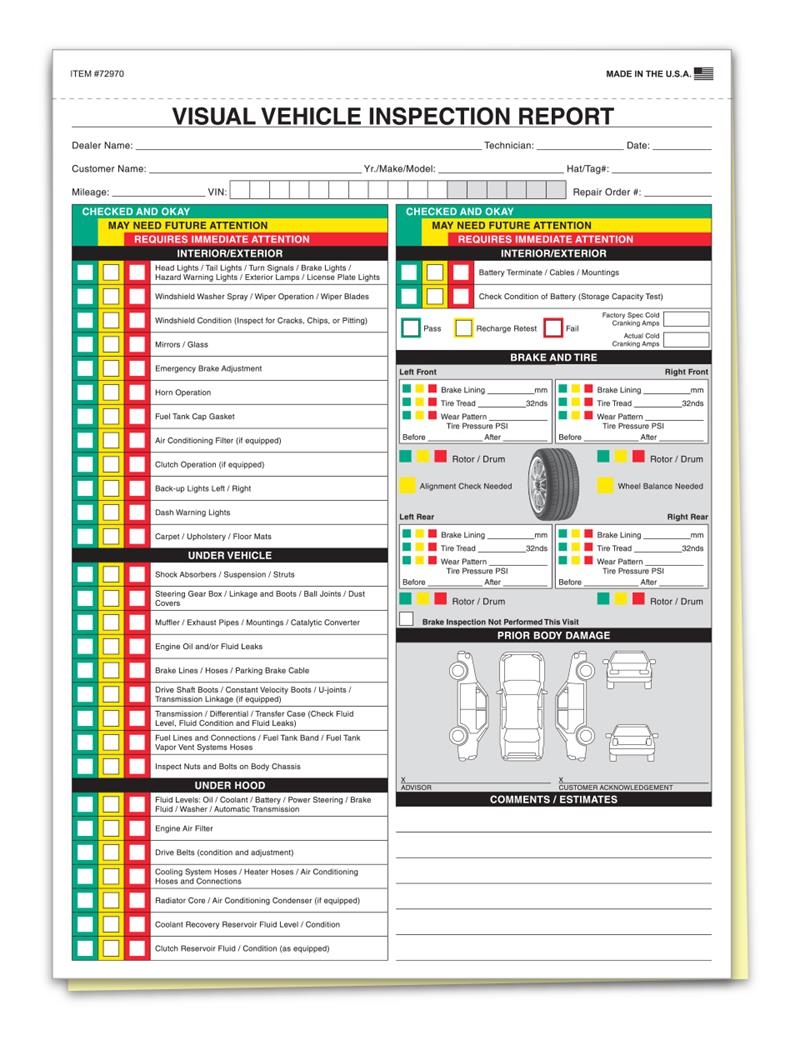 Multi Point Inspection Form Generic Visual Veh Inspection 2 Part 250 pkg