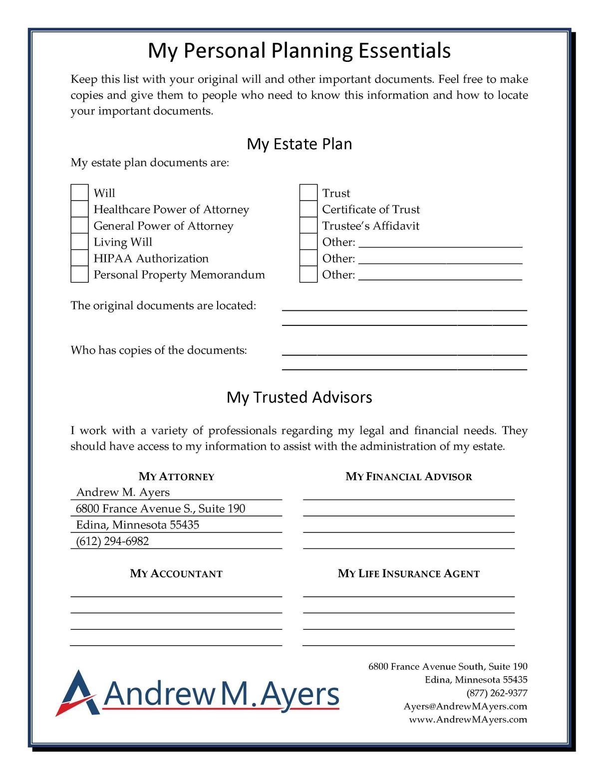 My Personal Planning Essentials Andrew M Ayers P C 