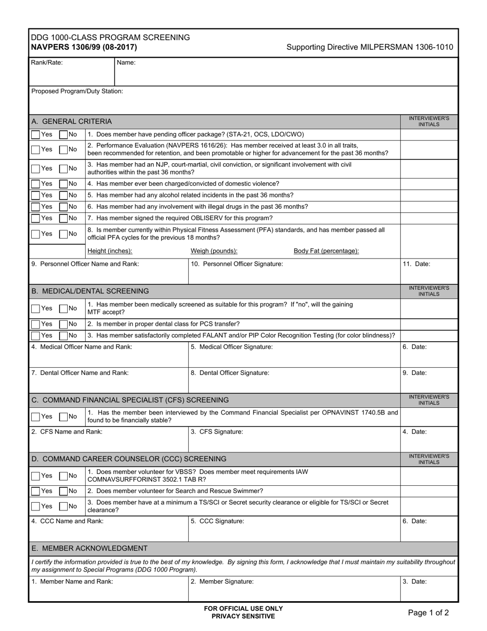 NAVPERS Form 1306 99 Fill Out Sign Online And Download Fillable 