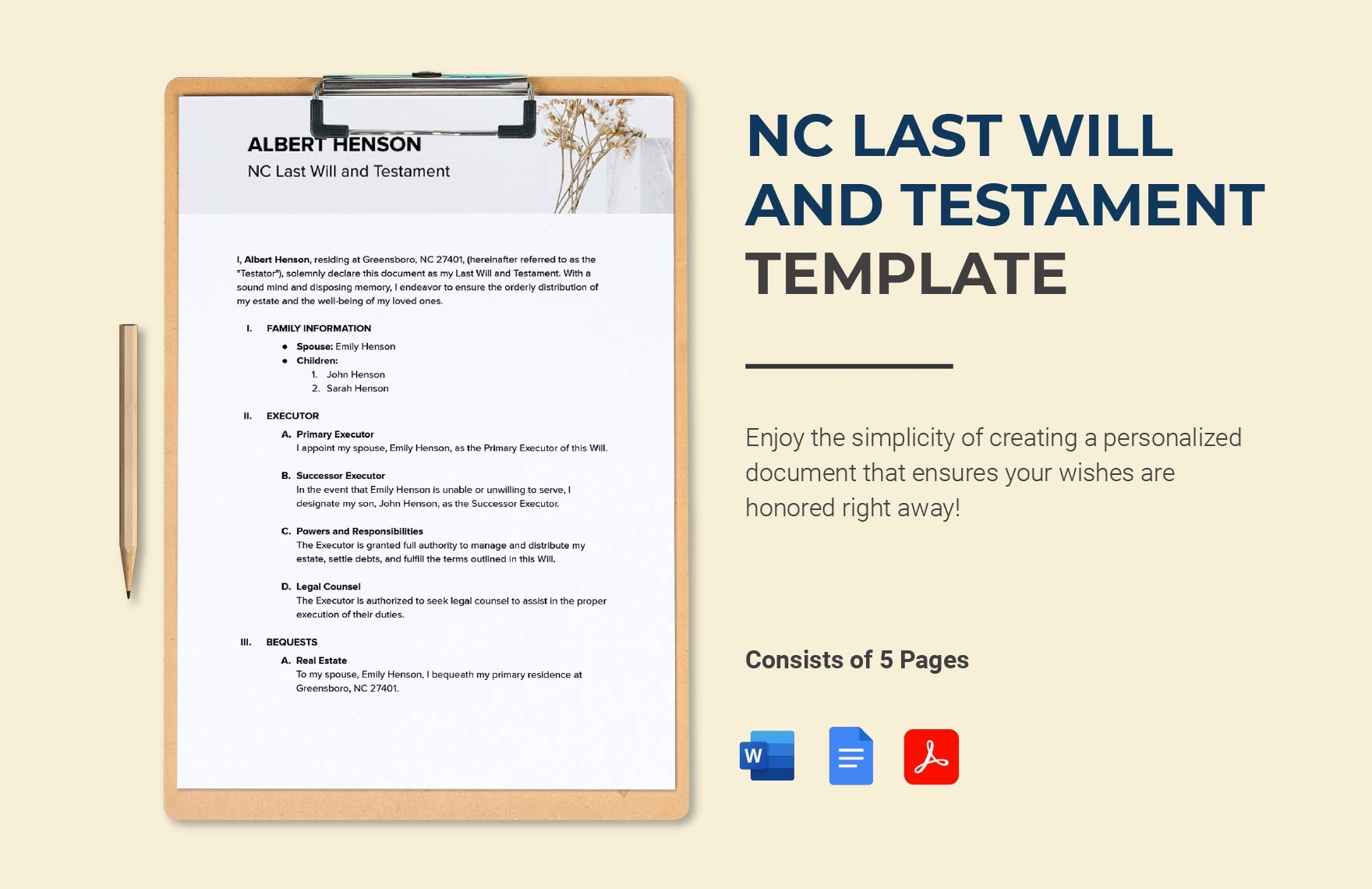 NC Last Will And Testament Template In Word PDF Google Docs Download Template