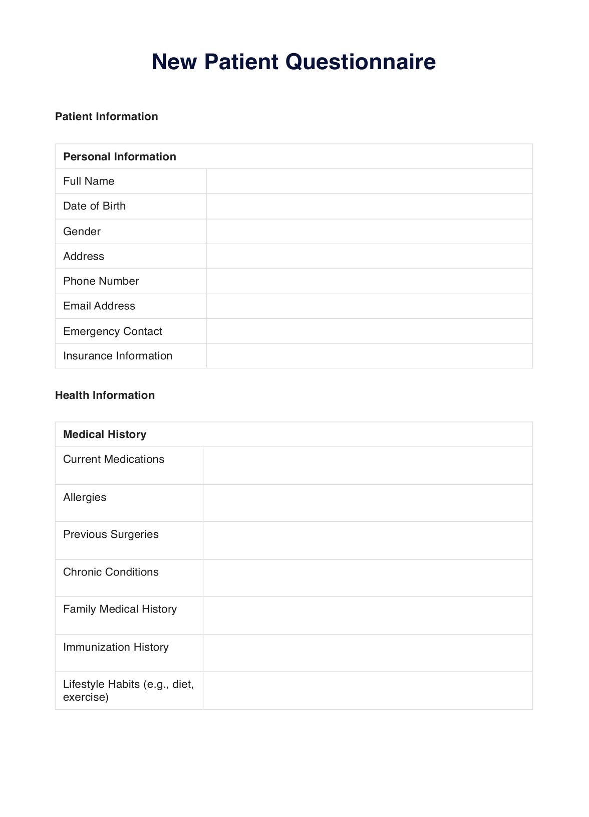 New Patient Questionnaire U0026 Example Free PDF Download