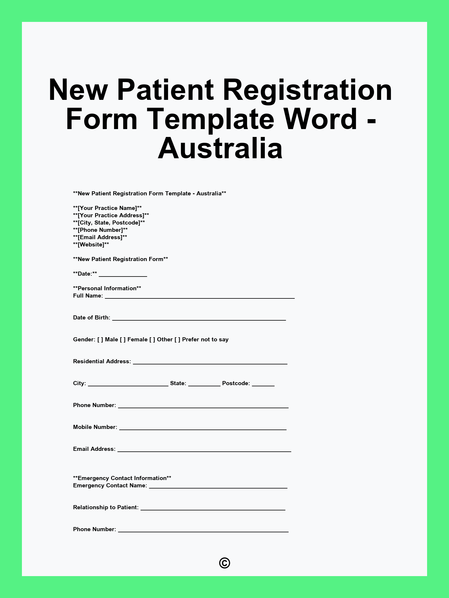 New Patient Registration Form Template Word Australia