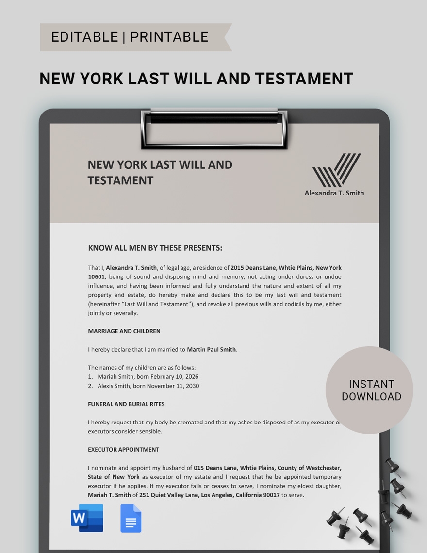 New York Last Will And Testament Template In Google Docs Word Download Template