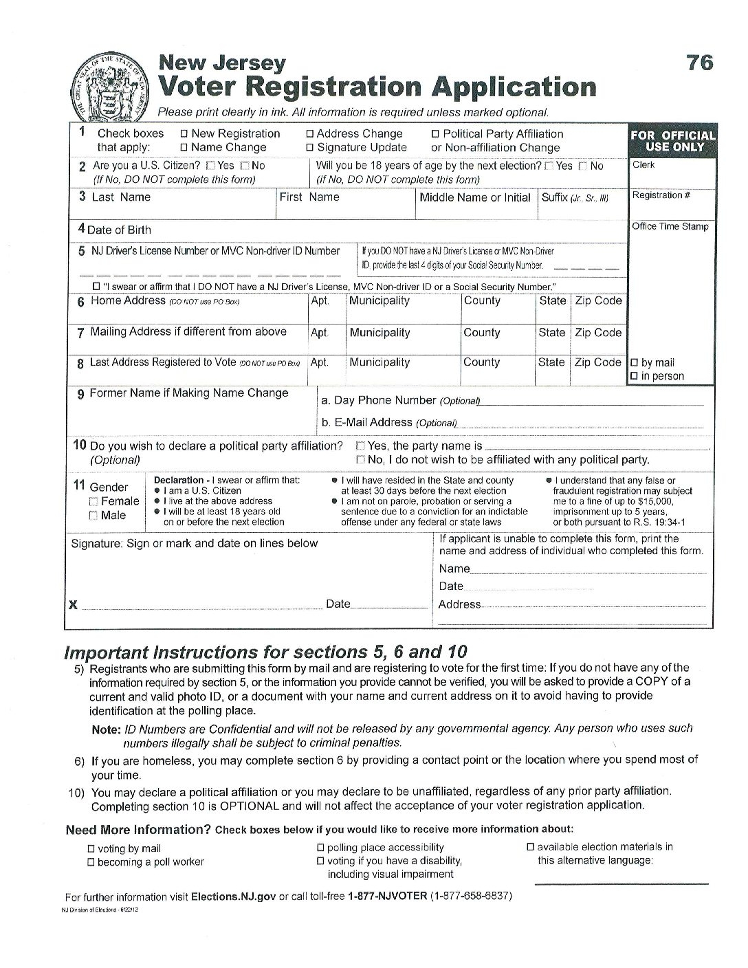 NJ Voter Registration Application Stillwater Township