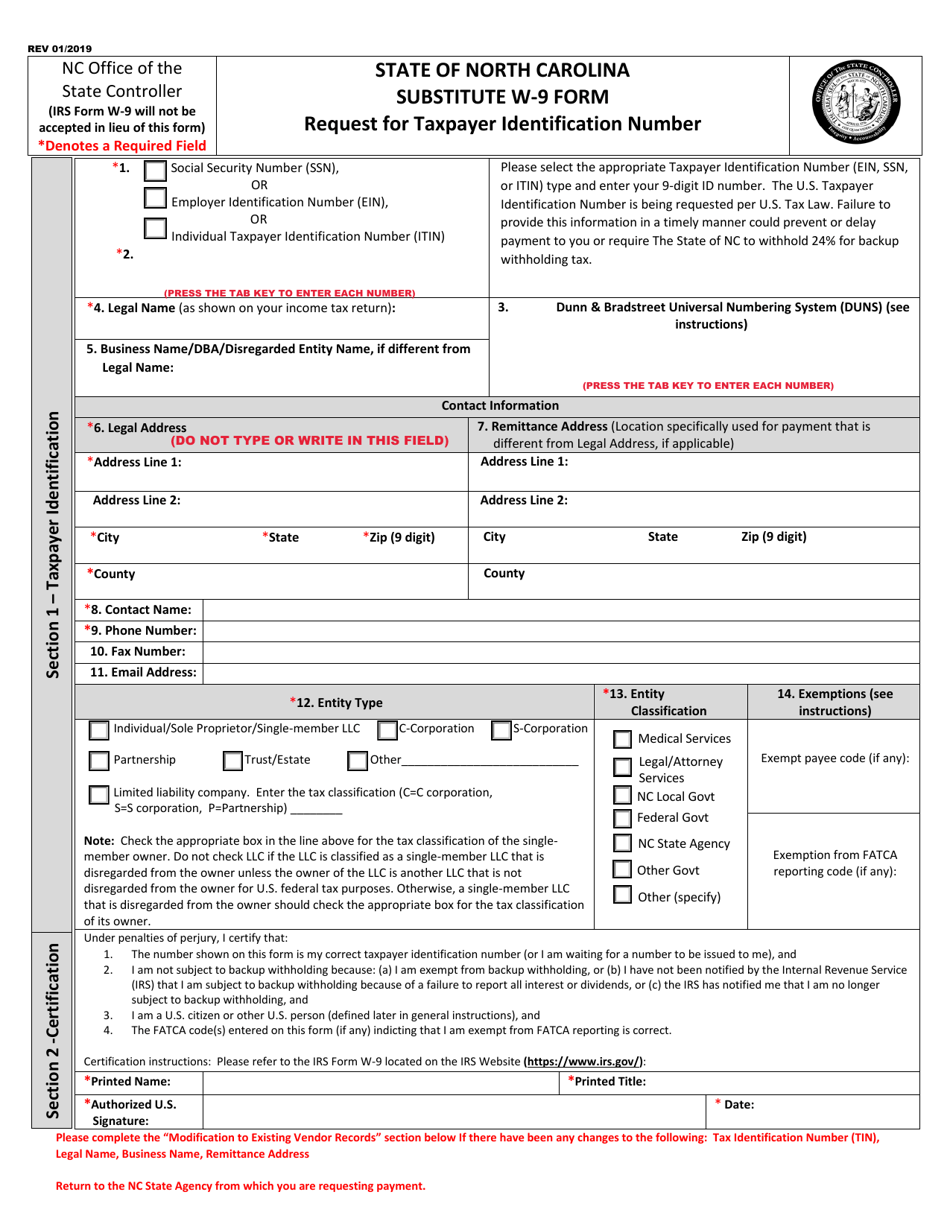 North Carolina Substitute W 9 Form Request For Taxpayer Identification Number Fill Out Sign Online And Download PDF Templateroller