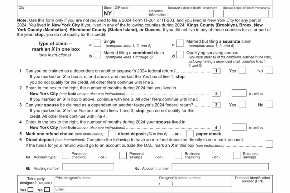 NYC 210 Claim For New York City School Tax Credit 2024 2025 PDF Guru