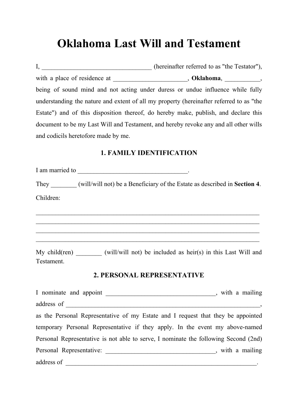 Oklahoma Last Will And Testament Template Download Printable PDF Templateroller