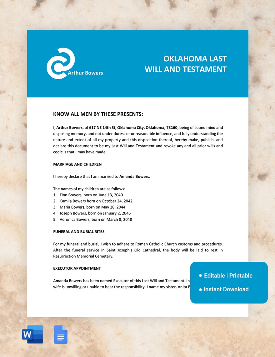 Oklahoma Last Will And Testament Template In Google Docs Word Download Template
