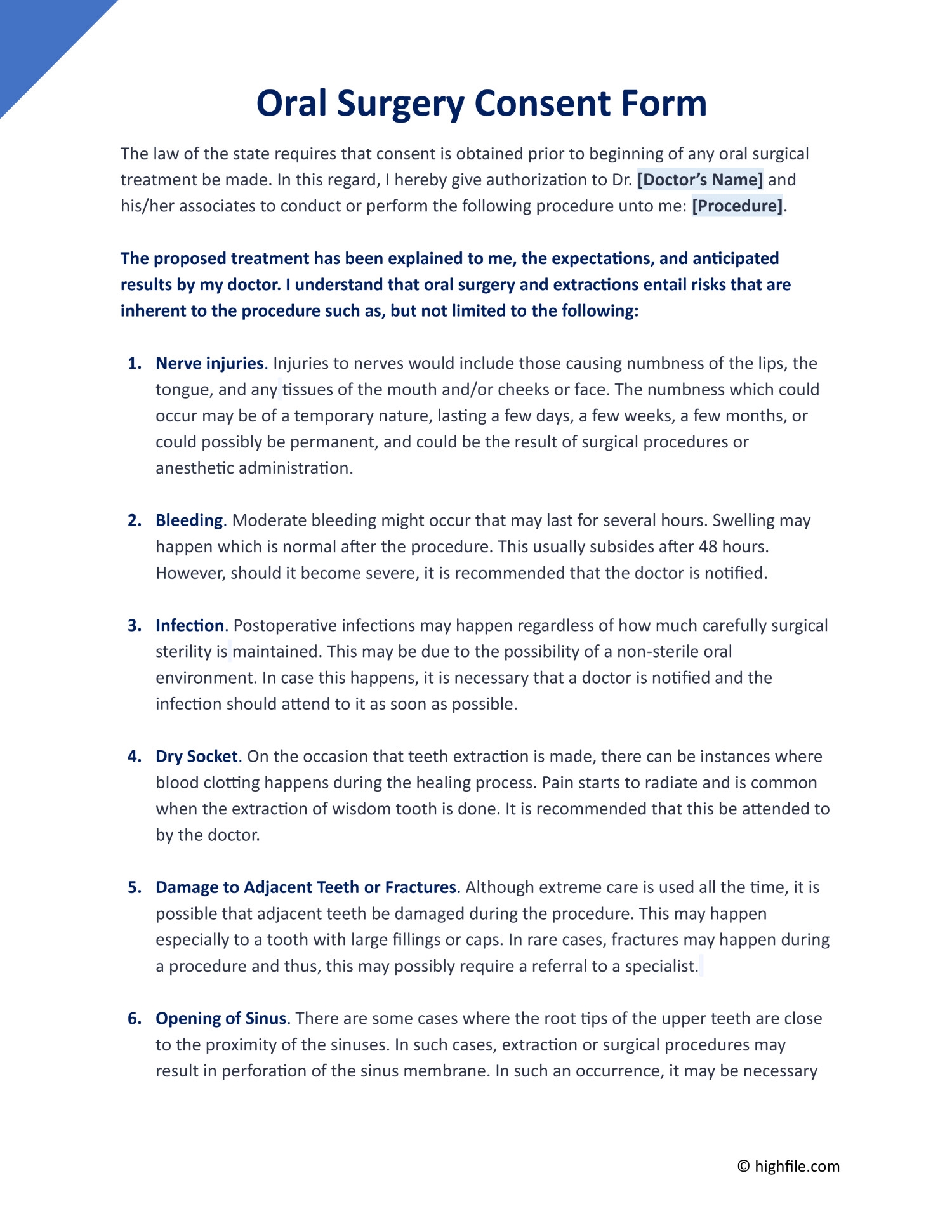 Oral Surgery Consent Form Word PDF Google Docs