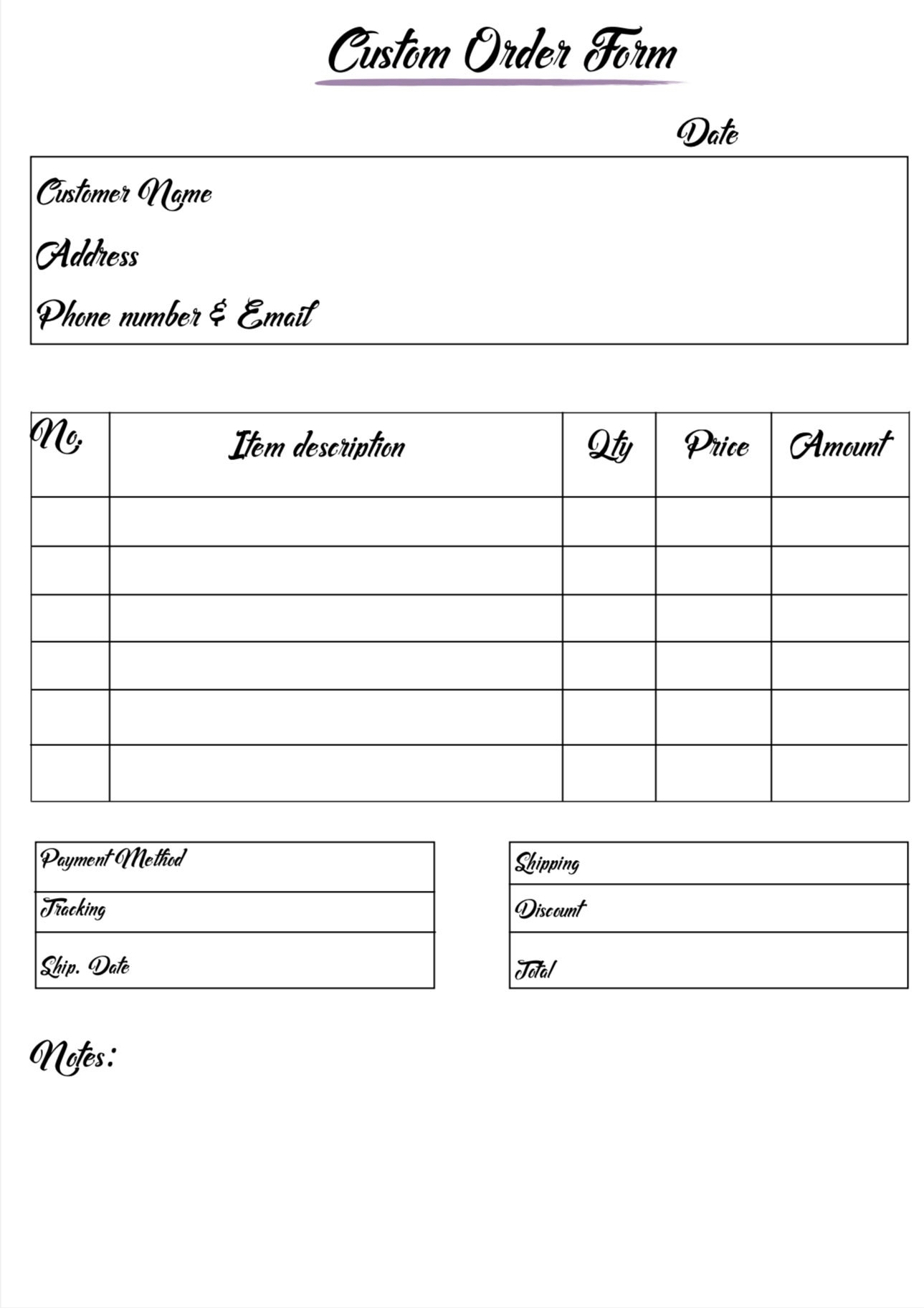 Order Form Printable Custom Order Instant Download Small 
