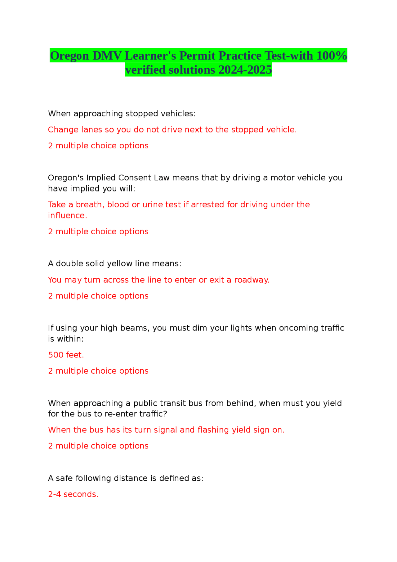 Oregon DMV Learner s Permit Practice Test with 100 Verified Solutions 2024 2025 Exams Advanced Education Docsity