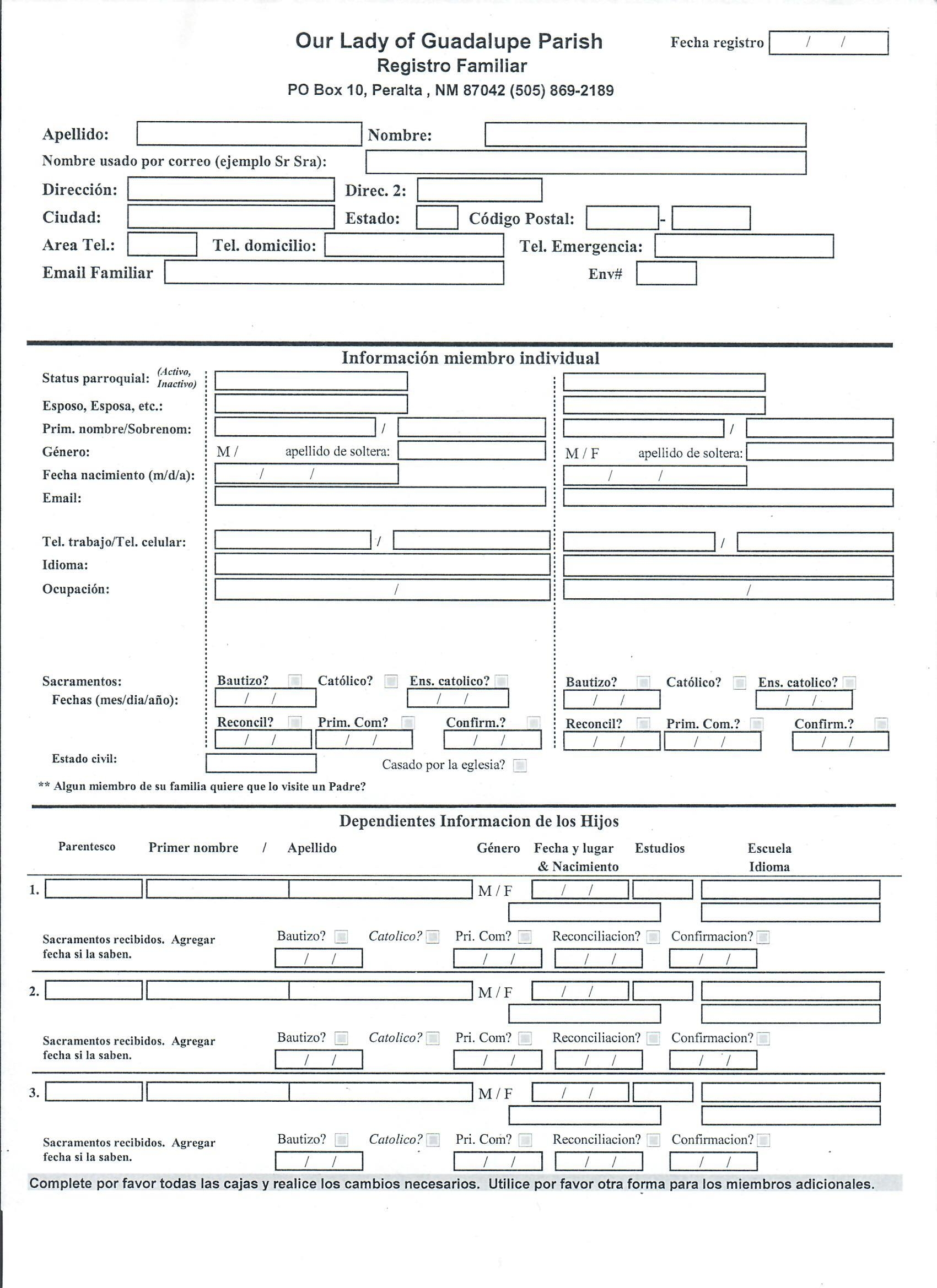 Parish Registration Forms Our Lady Of Guadalupe Parish