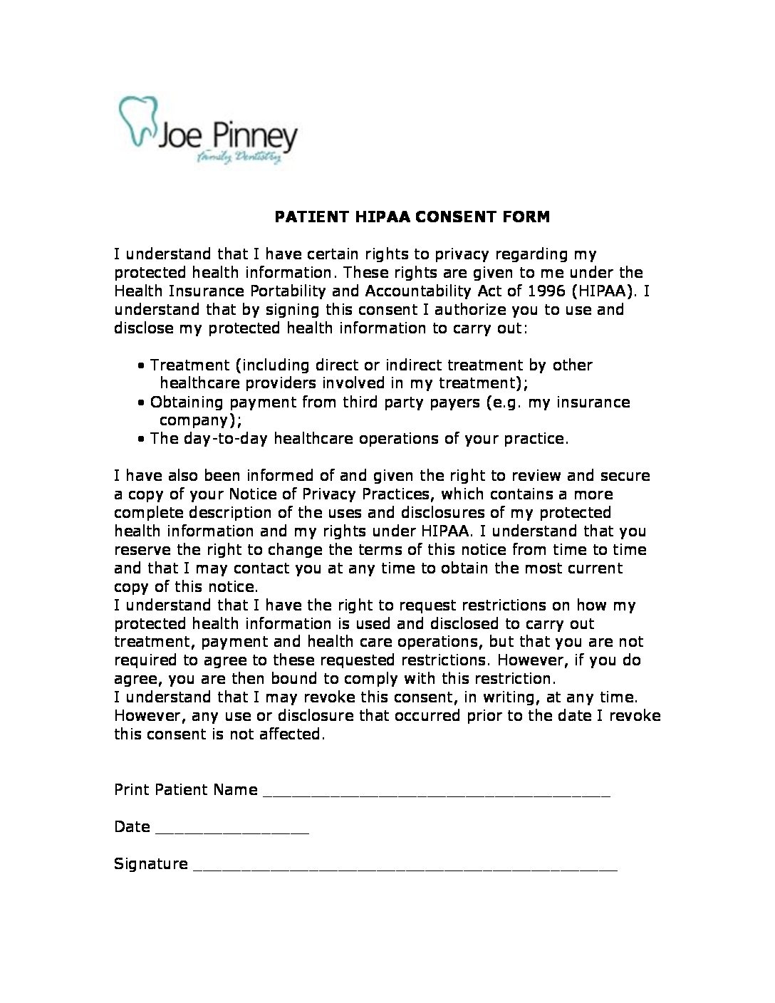 Patient hipaa consent form Joe Pinney Family Dentistry