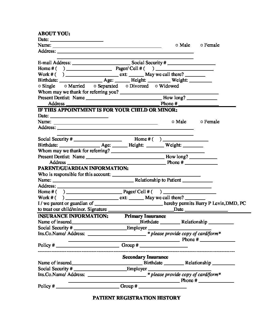 Patient Registration Form Barry P Levin DMD PC