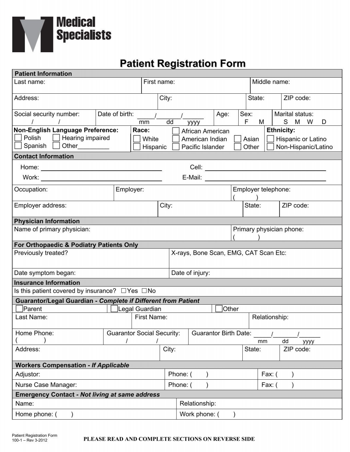 Patient Registration Form Medical Specialists