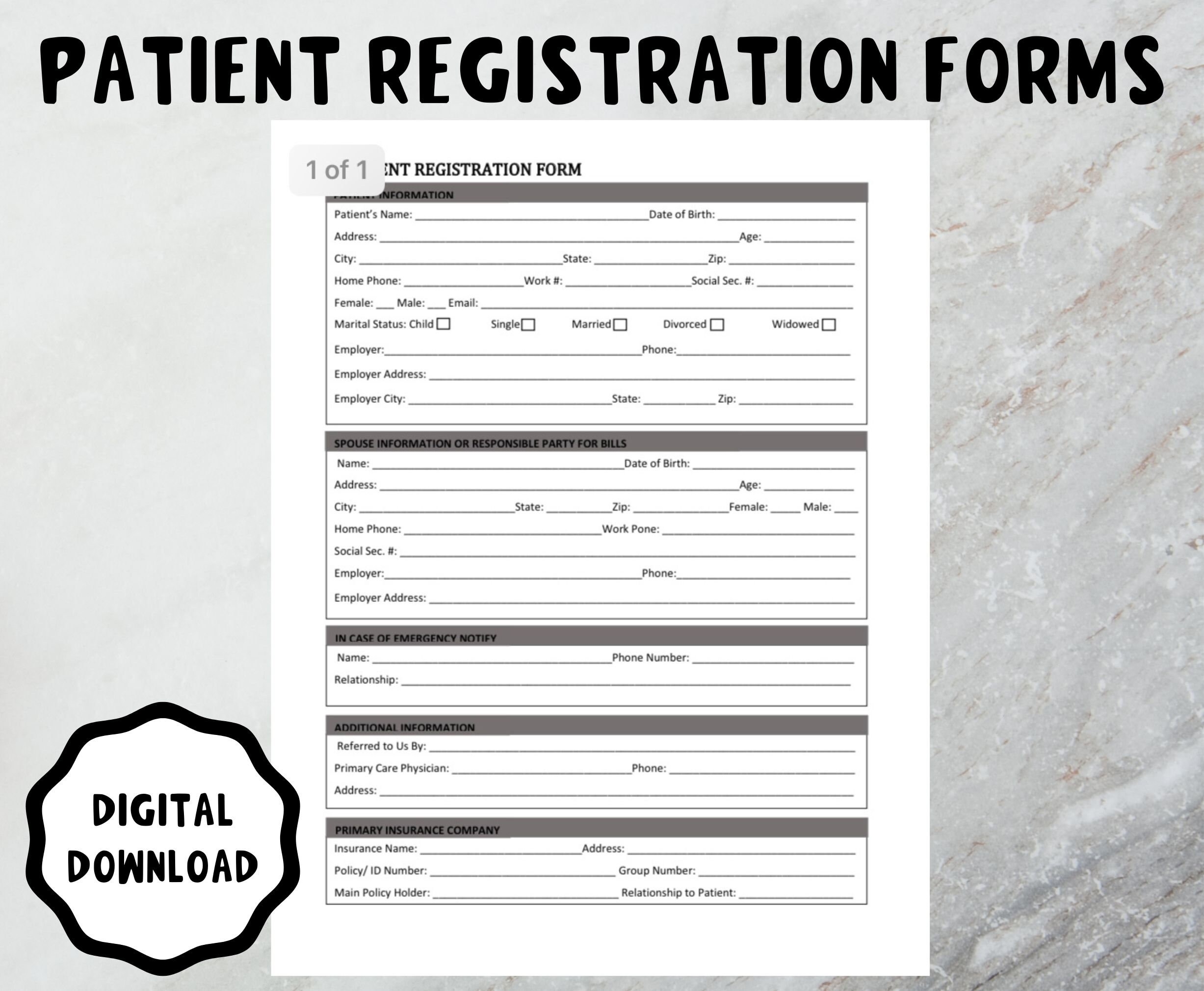 Patient Registration Form Template word Editable Printable Etsy