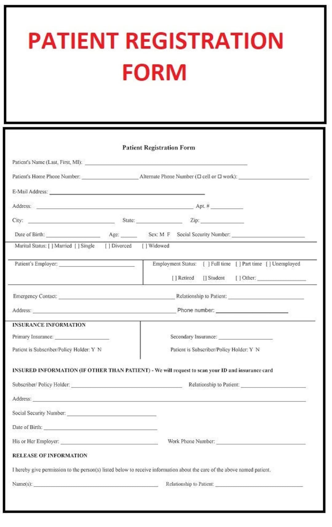 Patient Registration Intake Form Health History Insurance PDF File Etsy