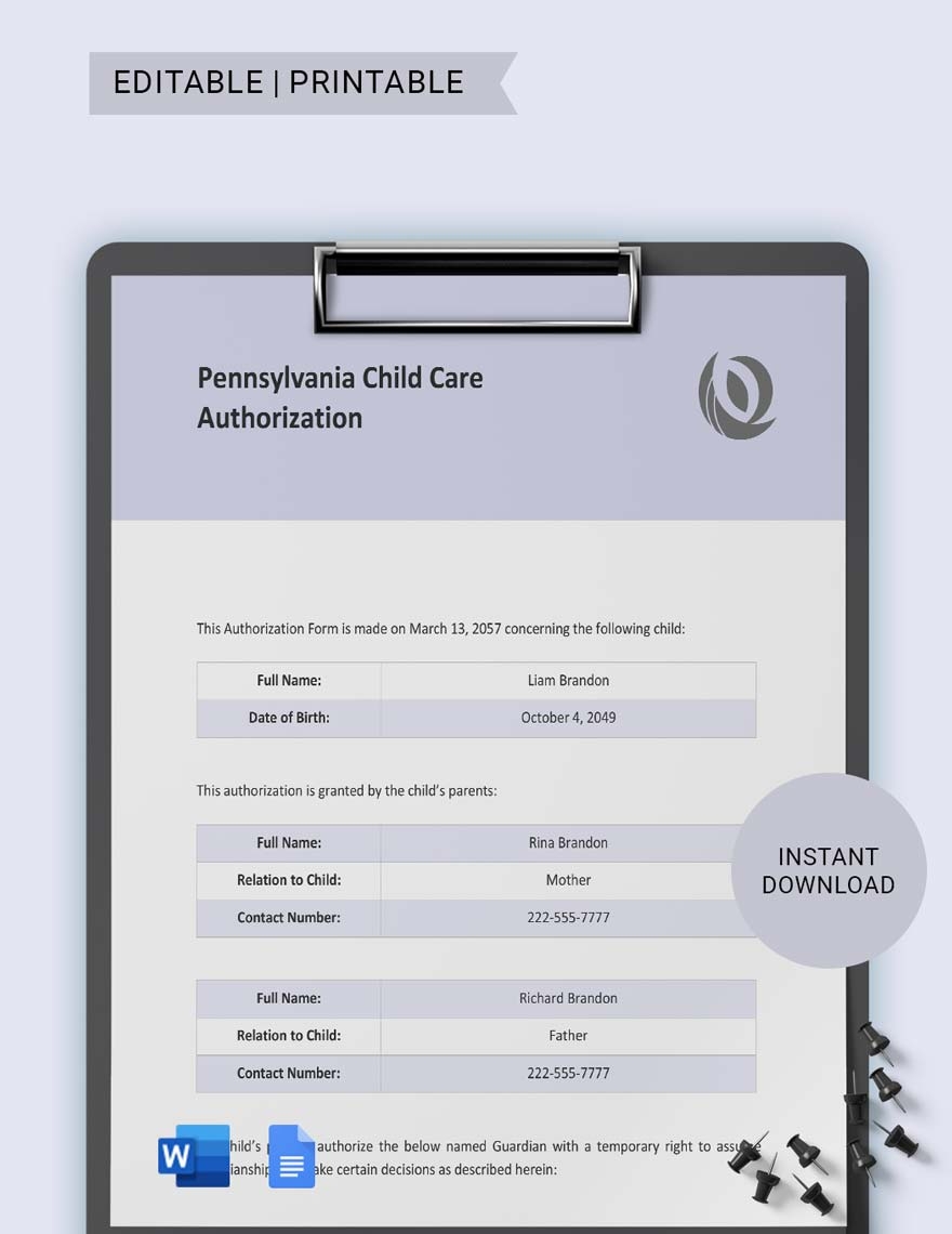Pennsylvania Child Care Authorization Template In Google Docs Word Download Template