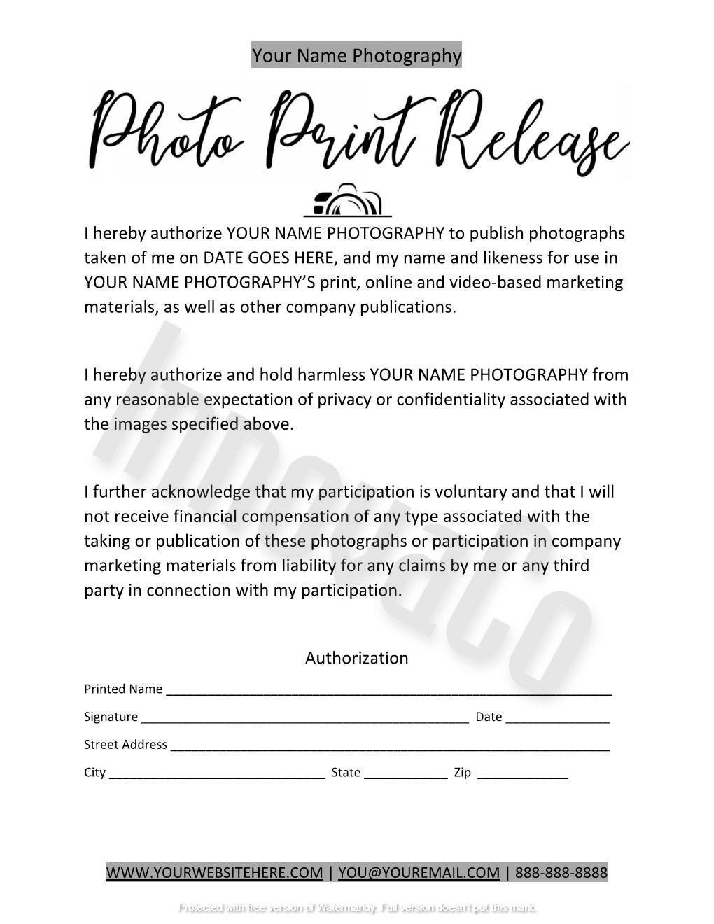 Photo Print Release Template Photo Print Release Form Photography Templates Photo Rights Print Release Photography Business Forms Etsy