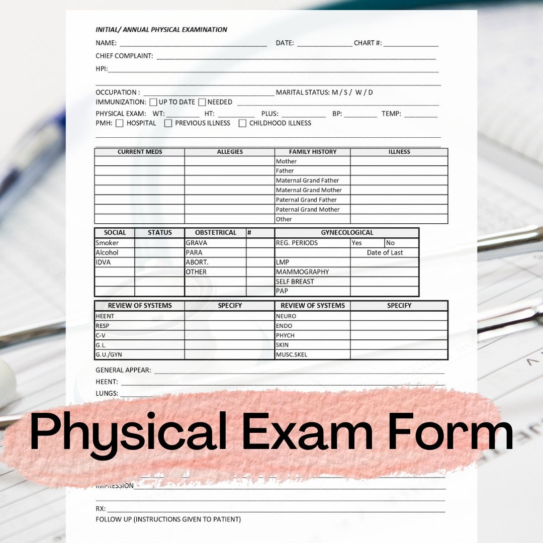 Physical Exam Form Template Initial Annual Physical Examination Printable Editable Instant Download Medical Doctor s Office Excel Etsy