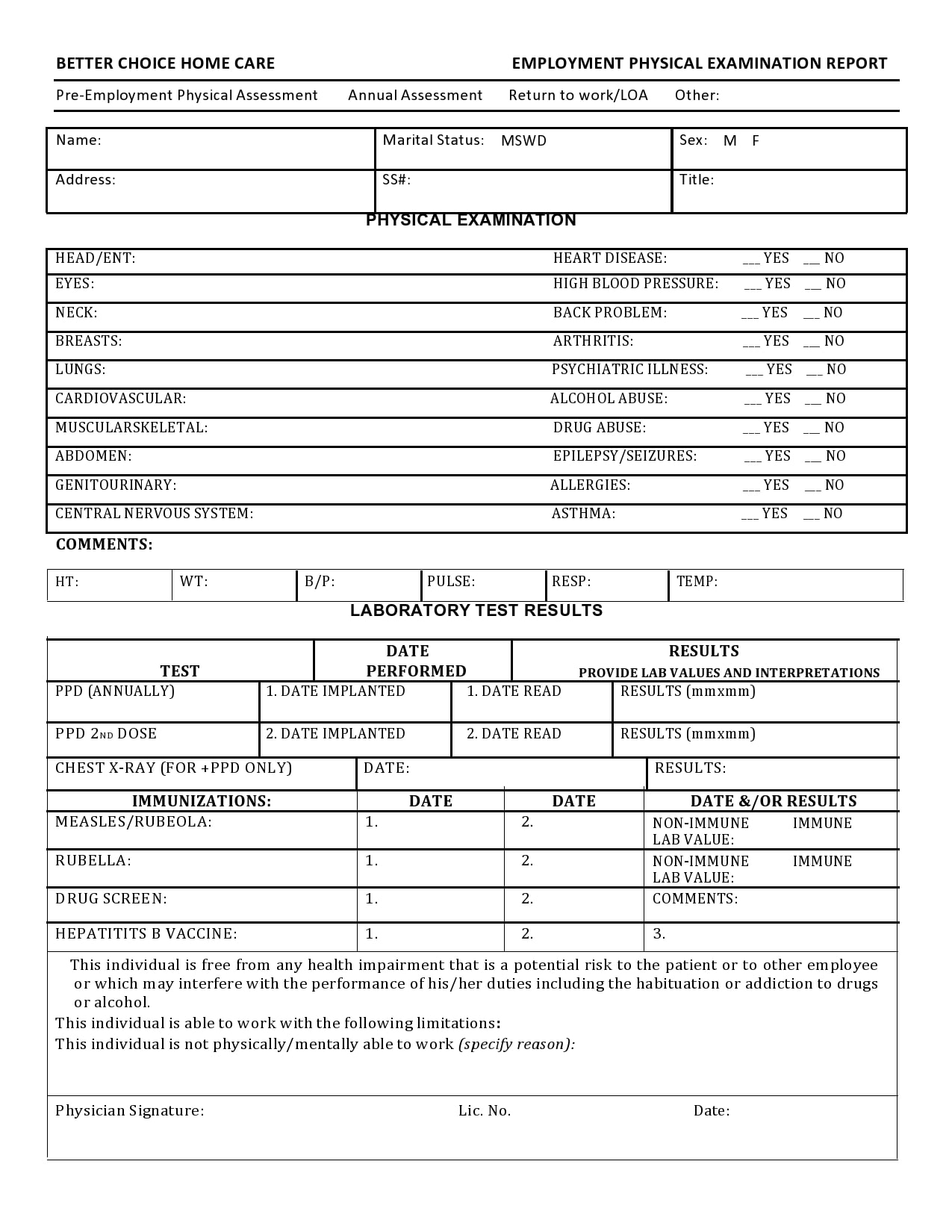 Physical Examination Form Physical Examination Form