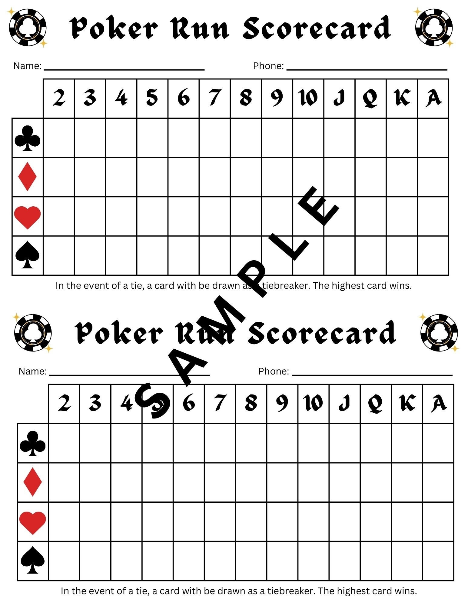 Poker Run Printable Scorecard Poker Run Score Card Poker Run Score Sheet Instant Download Printable Poker Run Cards Etsy