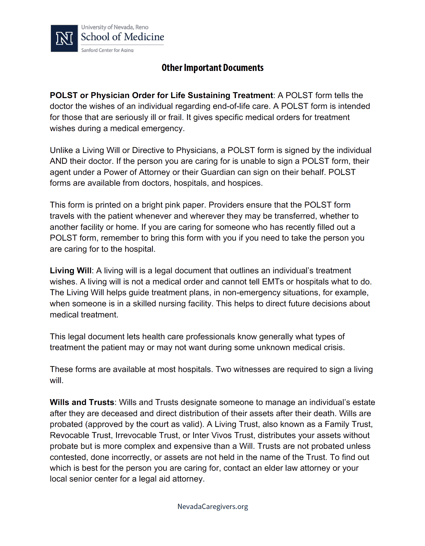 POLST Forms Living Wills Trusts And Wills Nevada Caregivers POLST Forms Living Wills Trusts And Wills Nevada Caregivers