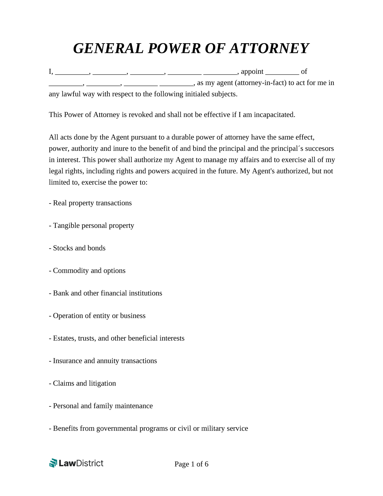 Power Of Attorney Form POA Template For Every State LawDistrict