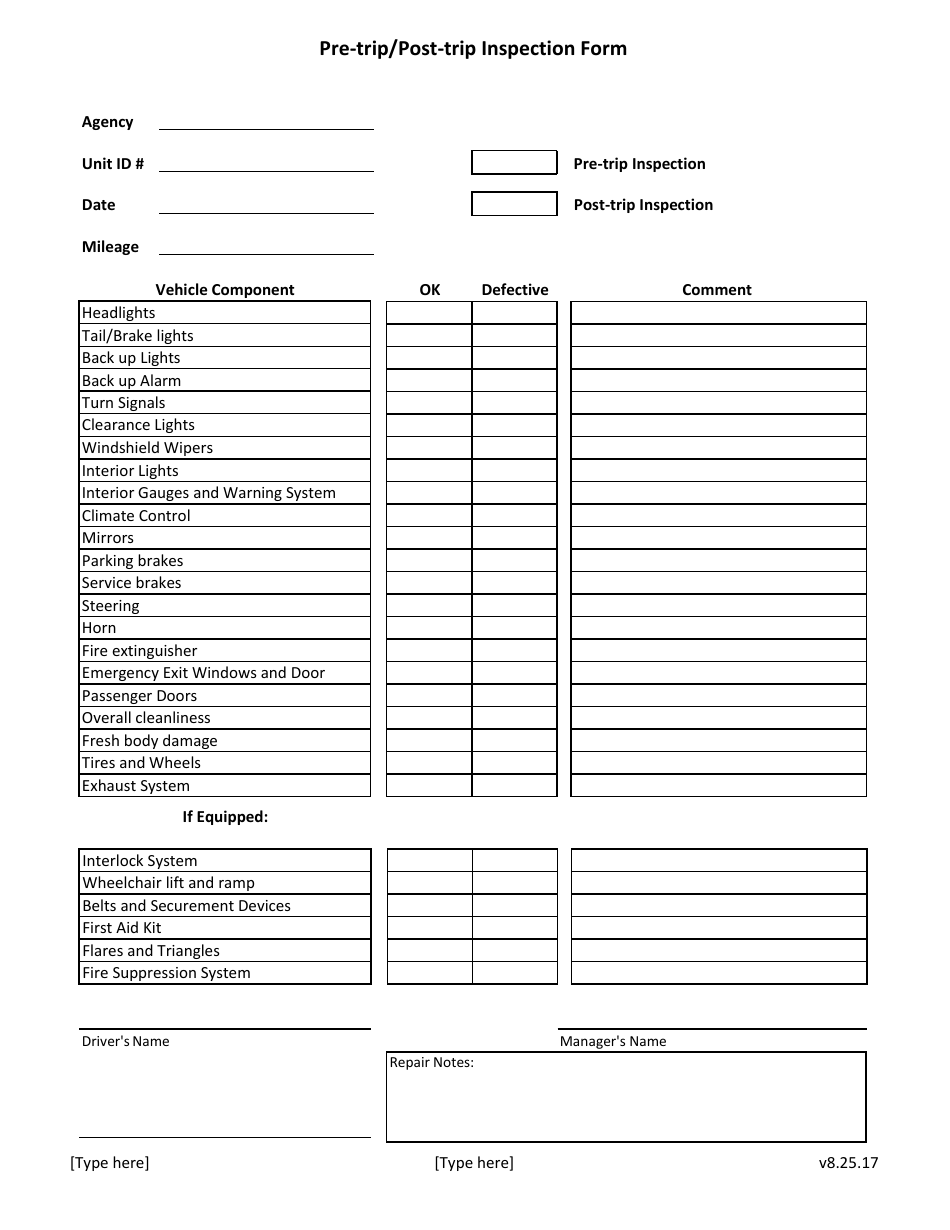 Pre trip Post trip Vehicle Inspection Form Fill Out Sign Online 