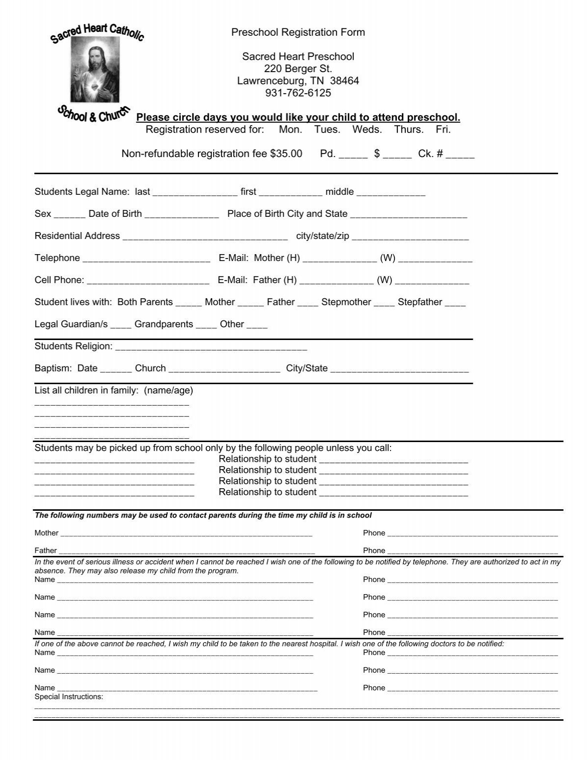 Preschool Pre Registration Form