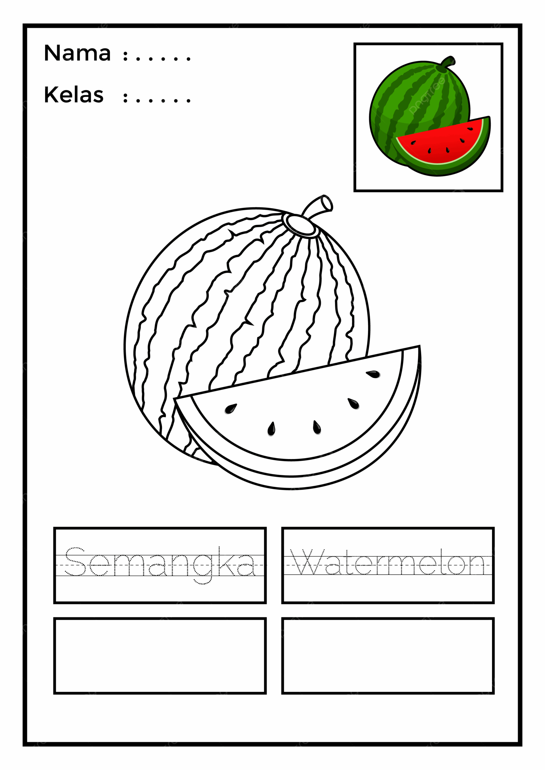 Preschool Worksheet Watermelon Coloring And Writing Practice In Indonesian English Vector Template Download On Pngtree