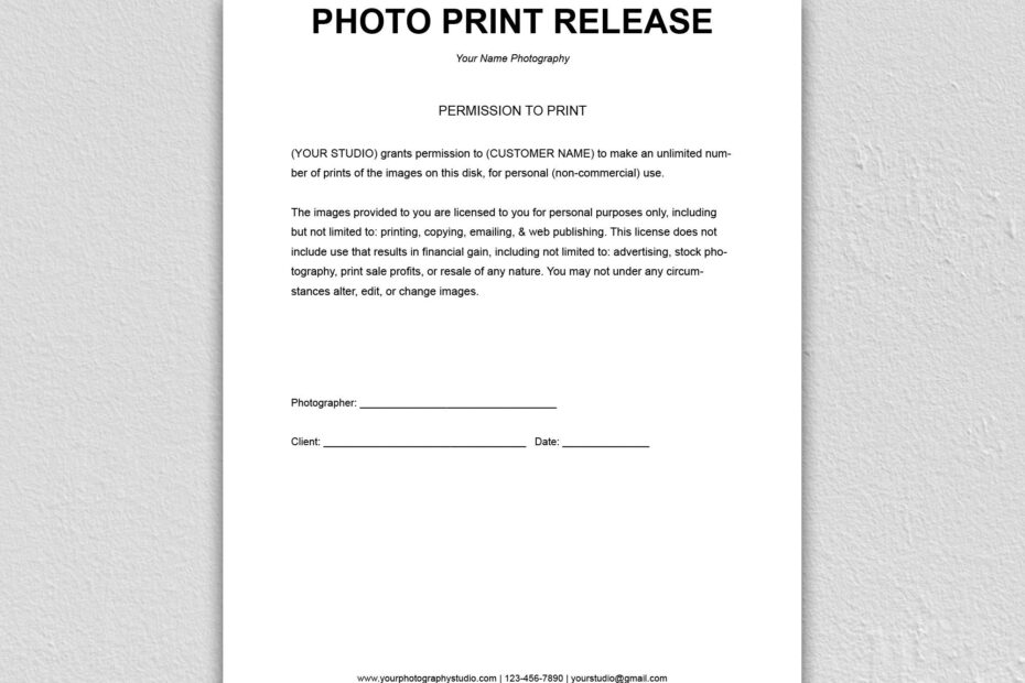 Print Release Form Template Wedding Photography Forms Print Release Template MS WORD Instant Download Etsy