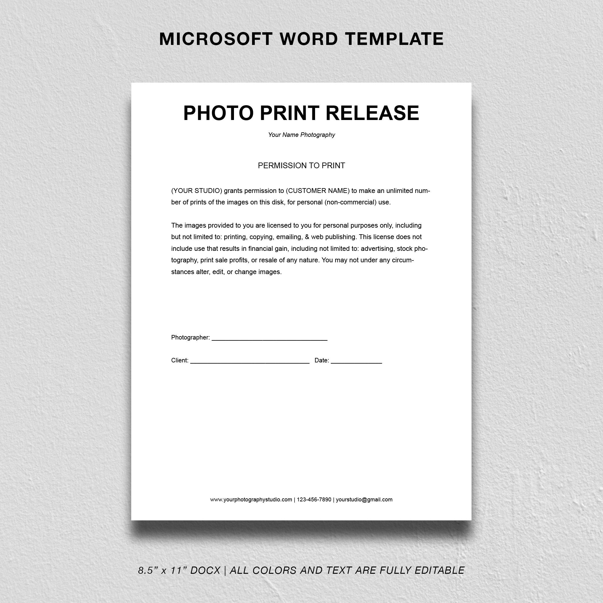 Print Release Form Template Wedding Photography Forms Print Release Template MS WORD Instant Download Etsy