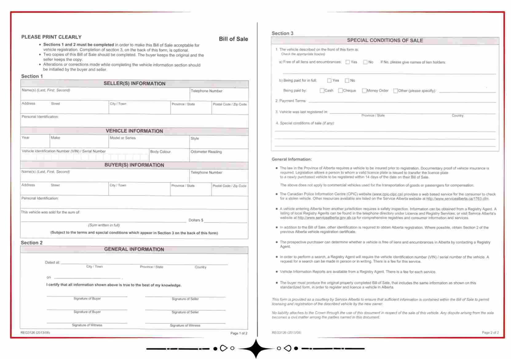 Printable Alberta Registries Bill Of Sale PDF Template Print 