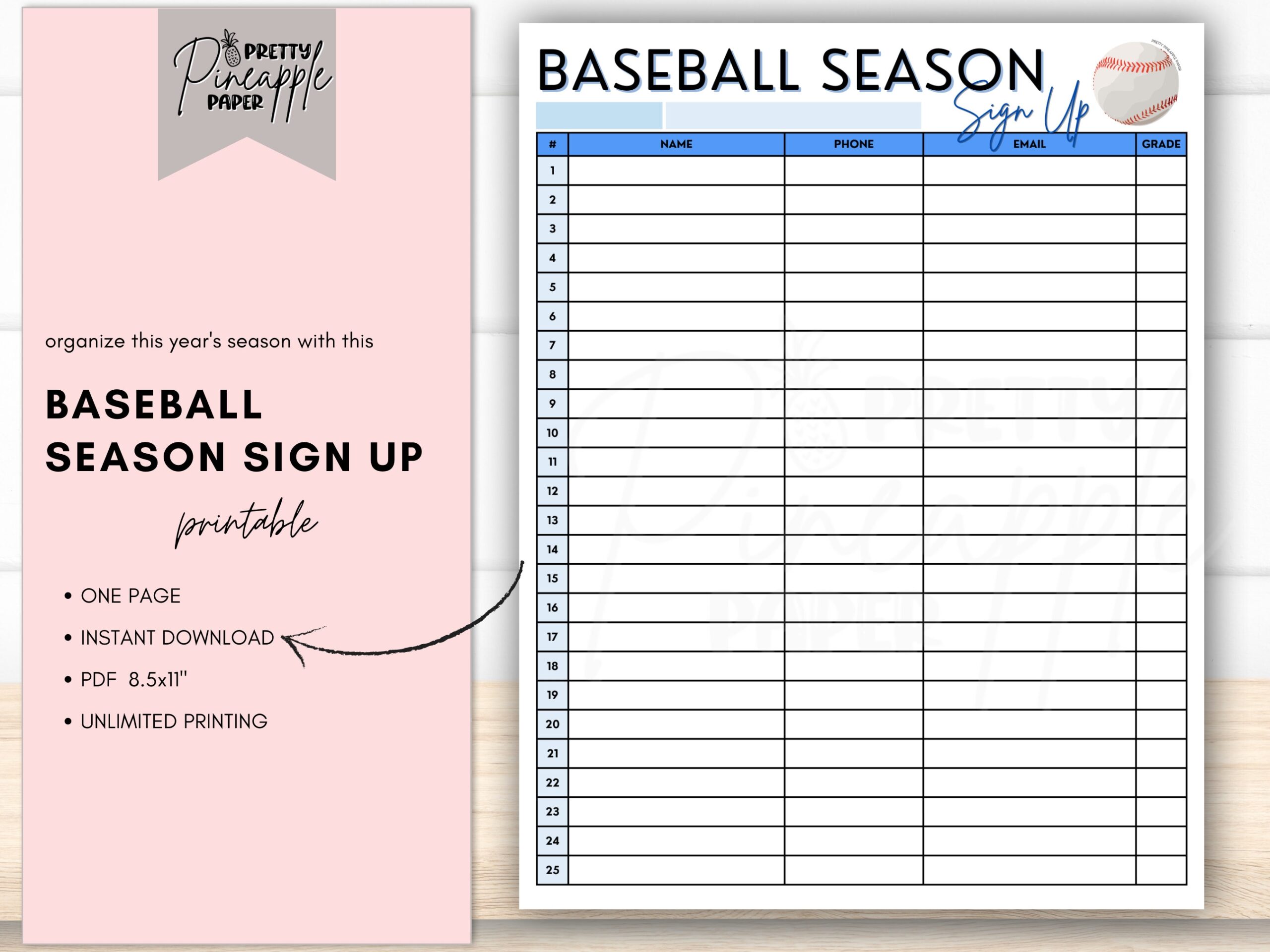 Printable Baseball Season Sign Up Sheet Instant Download Template Baseball Try Out Registration Sports School Baseball Team Etsy