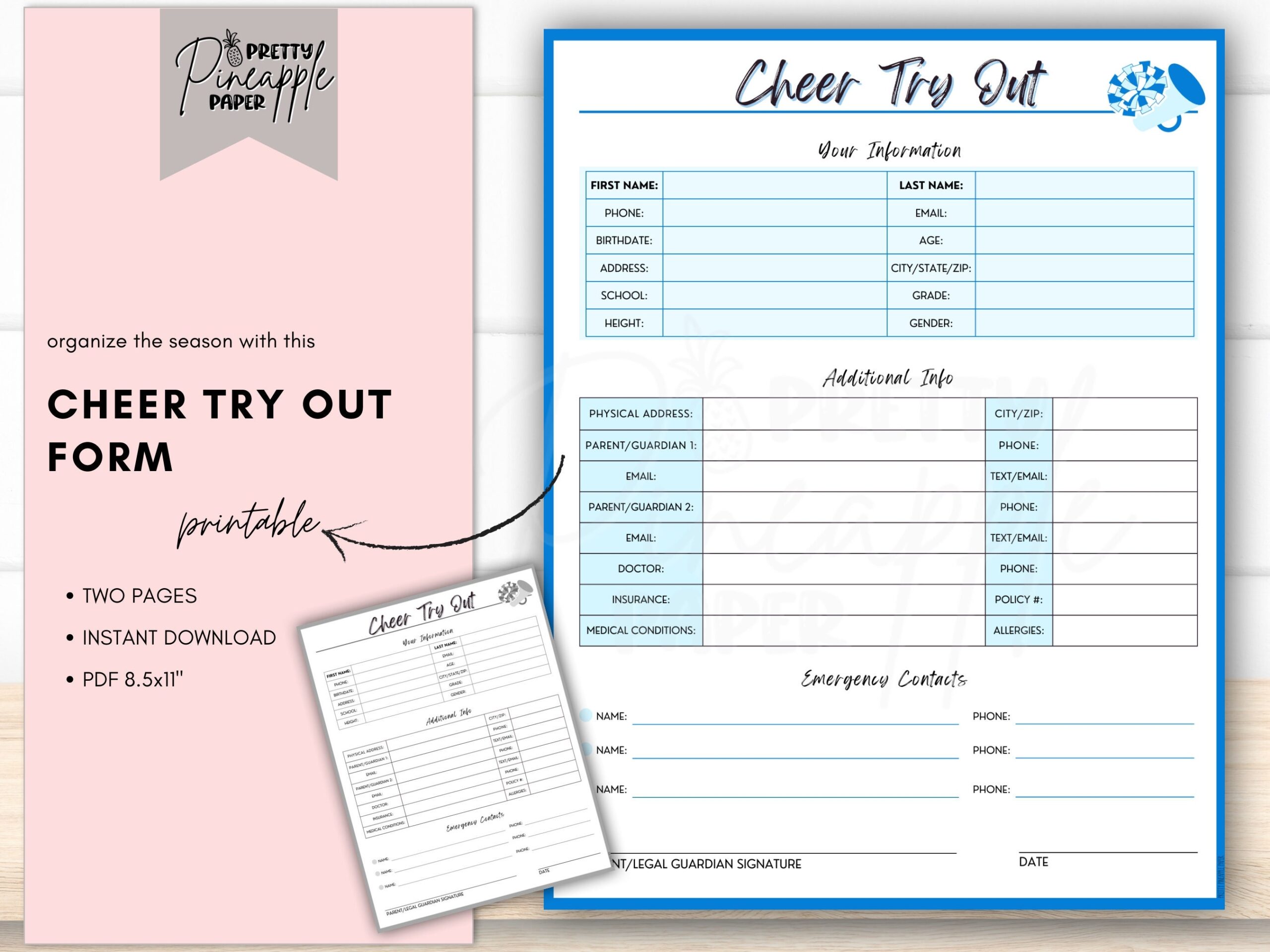 Printable Cheer Try Out Form Instant Download Template Cheerleader Try Out Registration Sports School Cheer Squad Team Coach Etsy