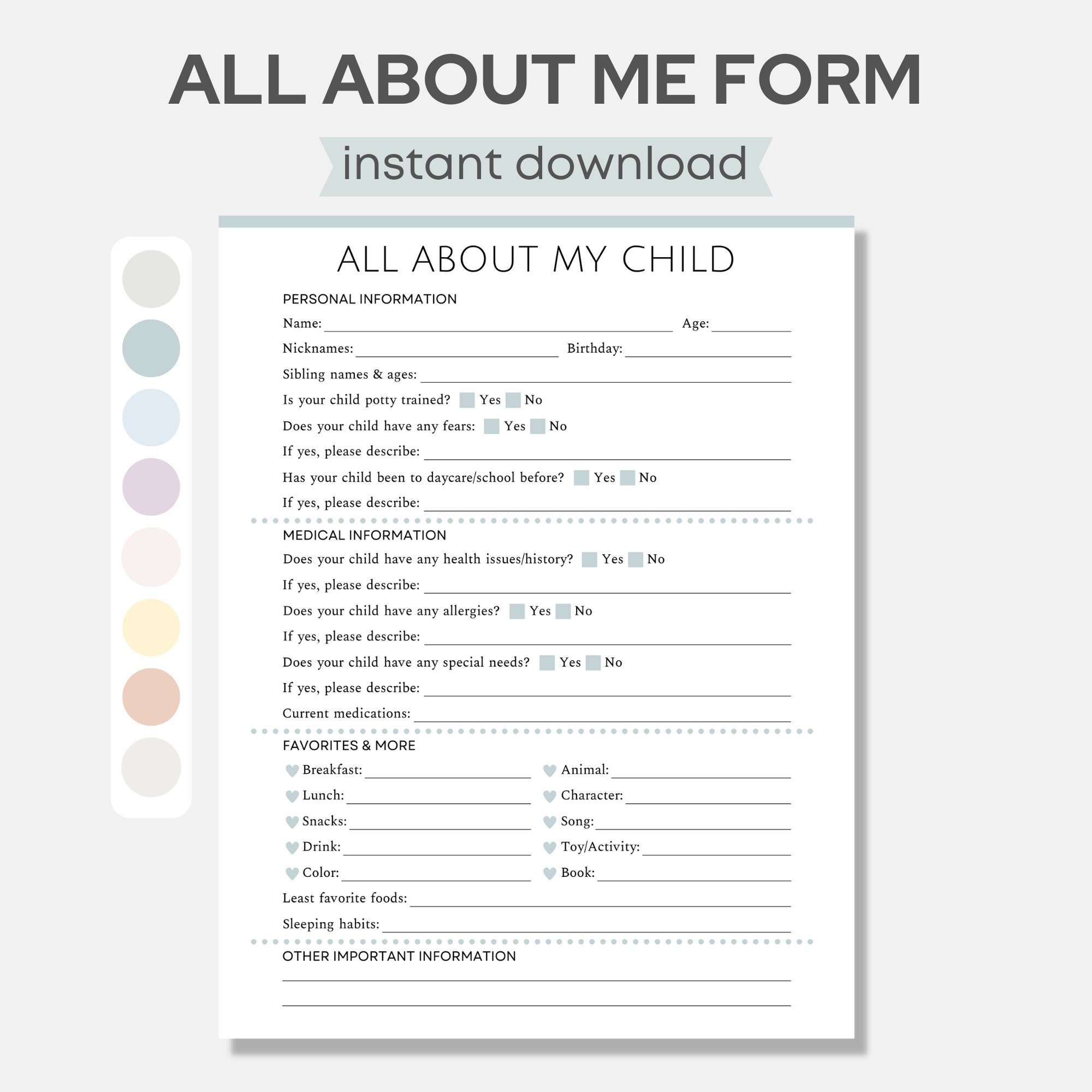 Printable Daycare All About Me Form Child Information Sheet 