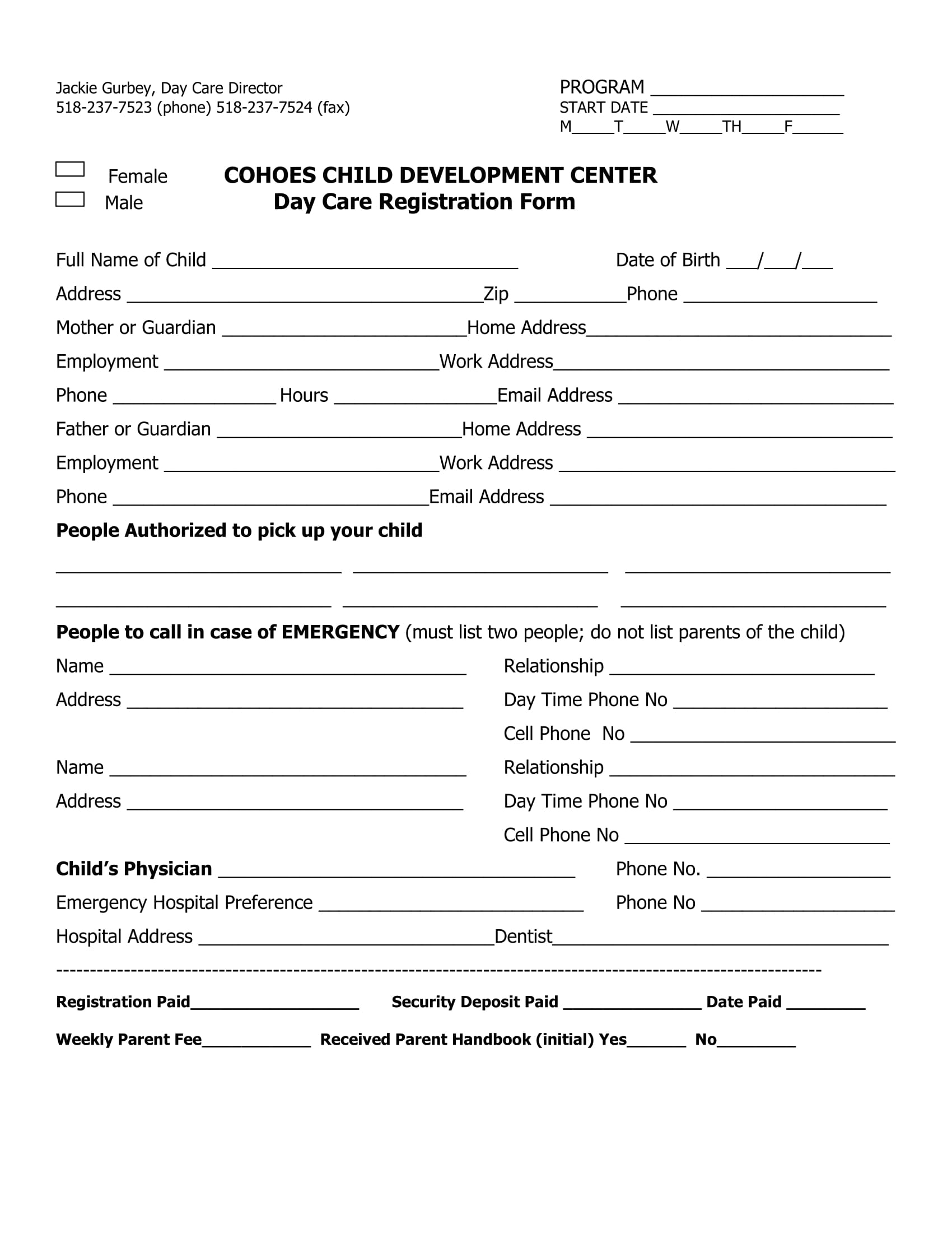 Printable Daycare Application Form For Parents Printable Party Favors