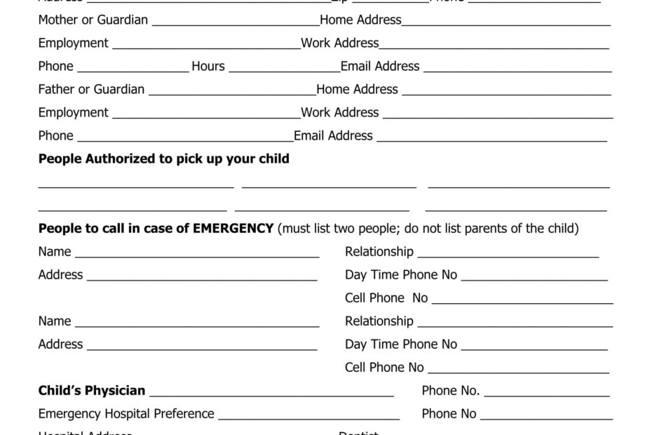 Printable Daycare Application Form For Parents Printable Party Favors