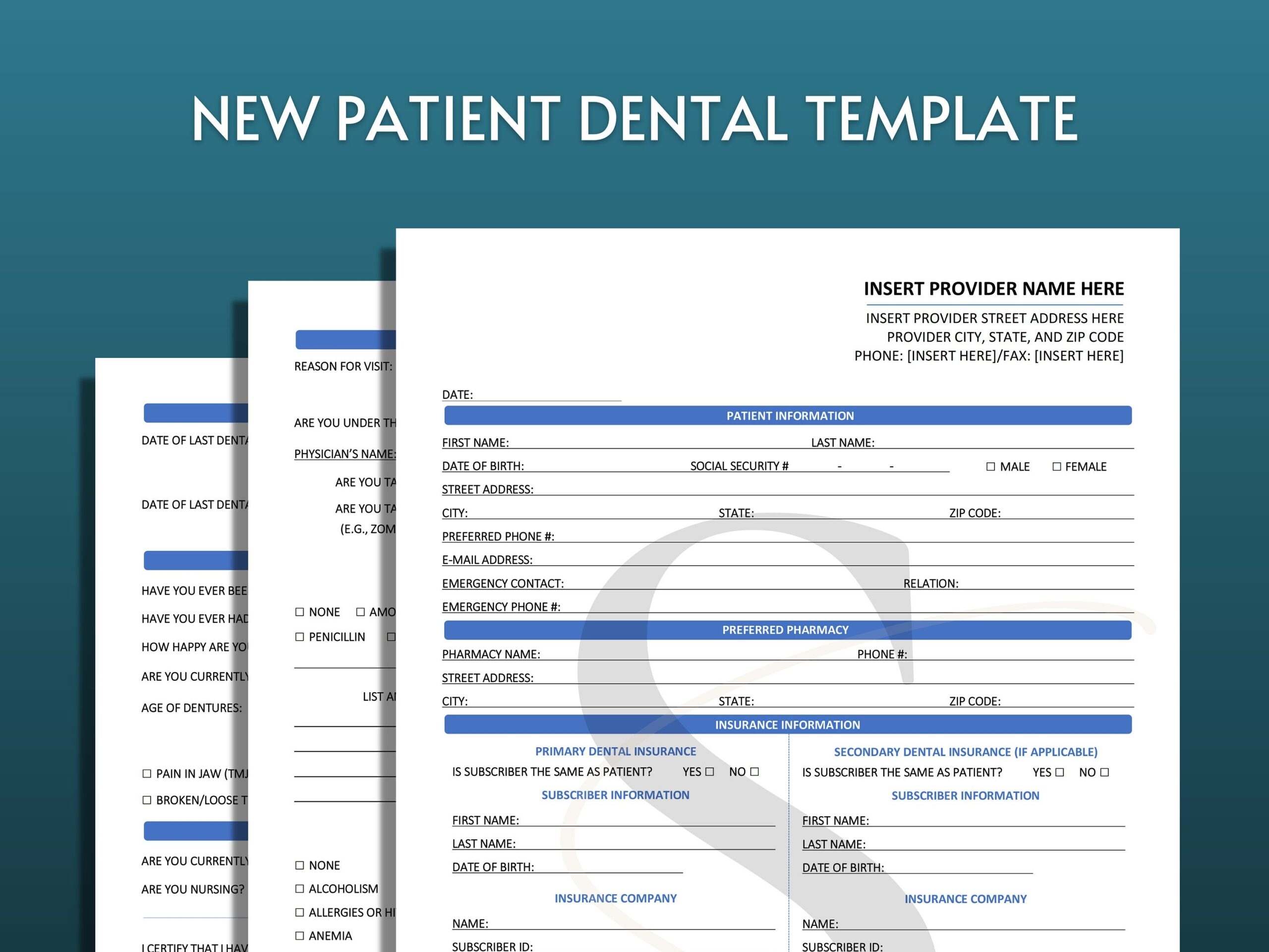 Printable Dental Form Template For Dentist New Patient Dental History Intake Instant Download Editable Printable Oral Health Business Forms