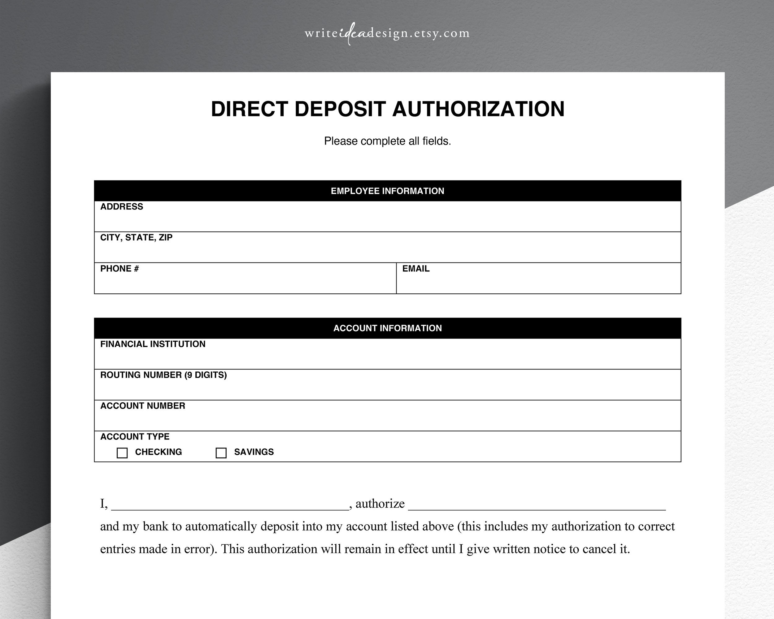 Printable Direct Deposit Form Etsy