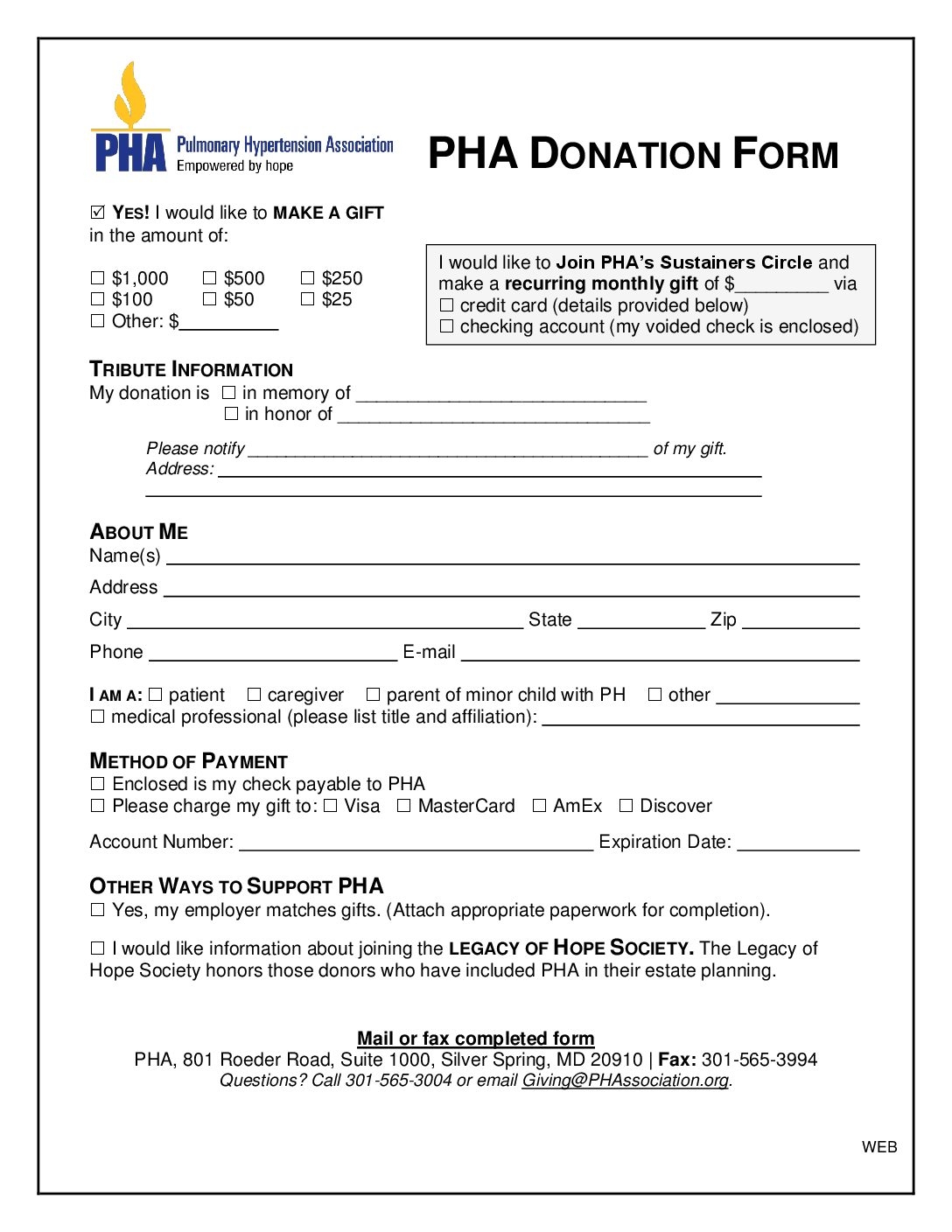 Printable Donation Form 2018 Updated Pulmonary Hypertension Association