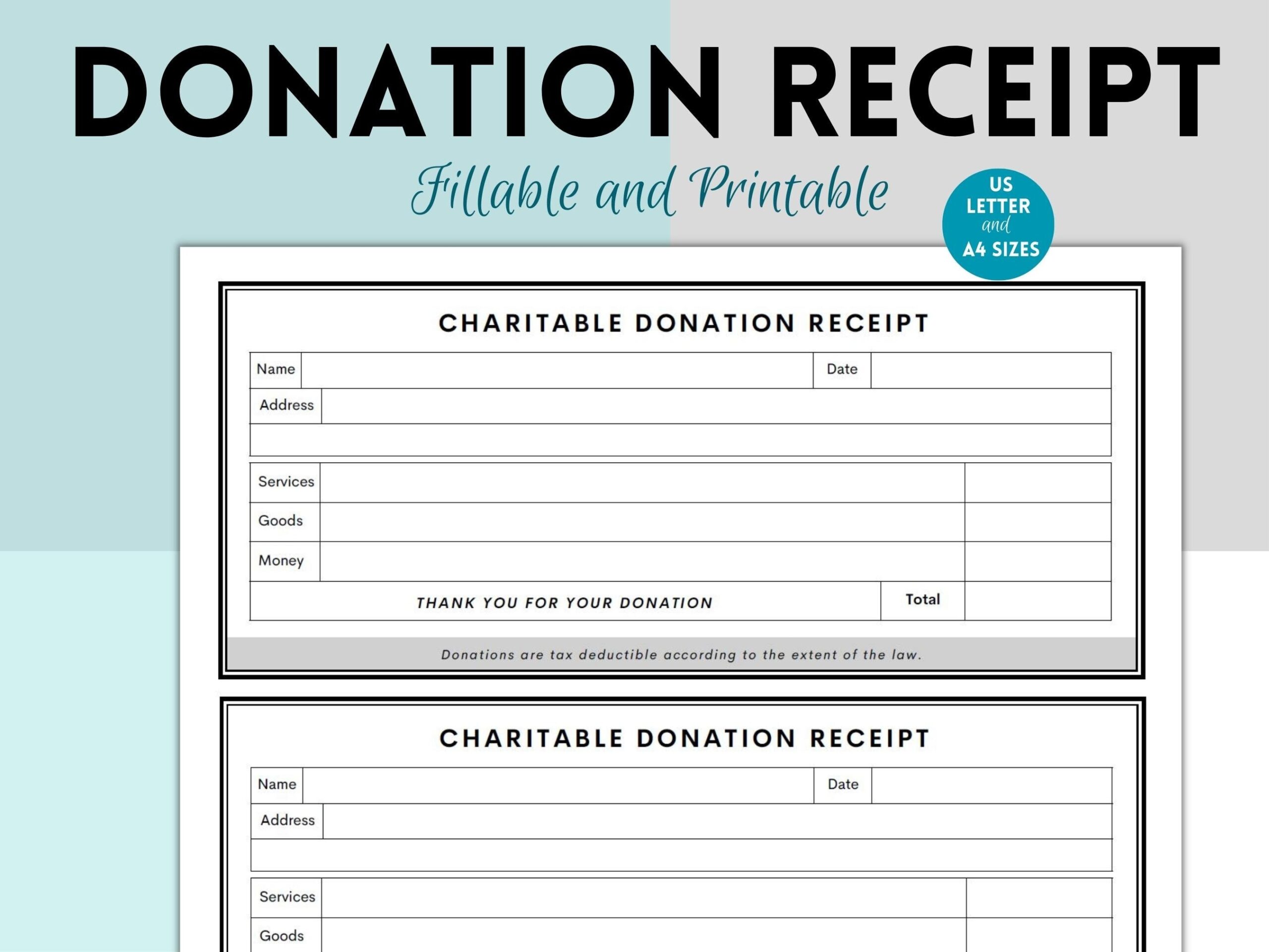 Printable Donation Receipt Form Fillable Charity Tracker US Letter U0026 A4 digital Download Etsy