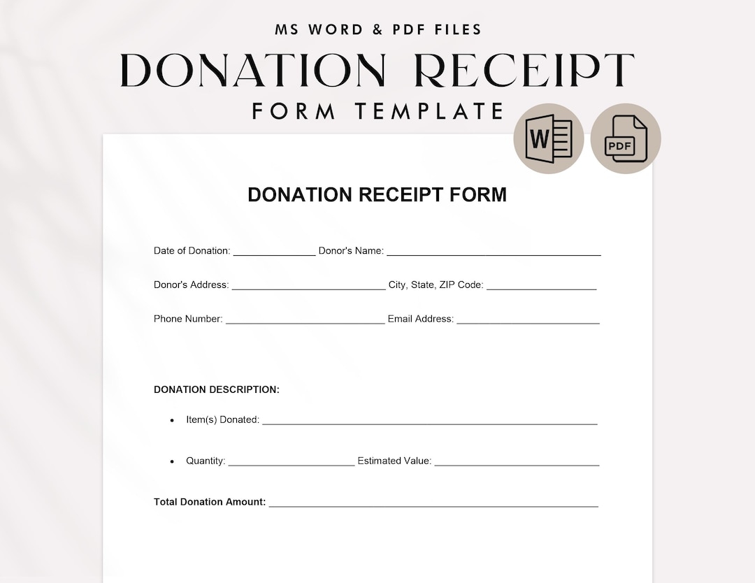 Printable Donation Receipt Template Charity U0026 Nonprofit Form PDF U0026 Word Etsy